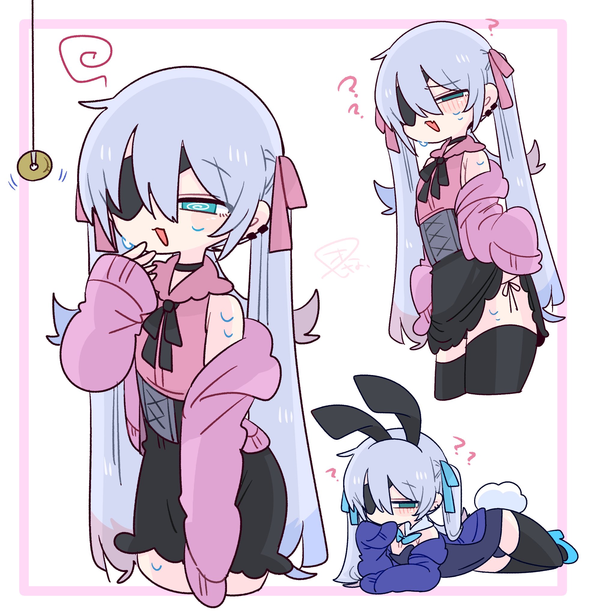 op na yarou, original, commentary, highres, 1boy, ?, @ @, animal ear hairband, animal ears, armpit crease, bare shoulders, black choker, black corset, black hairband, black leotard, black panties, black ribbon, black skirt, black thighhighs, blue bow, blue bowtie, blue eyes, blue hair, blue leotard, blue shoes, blush, bow, bowtie, bulge, cardigan, choker, clothes lift, coin, coin on string, collarbone, collared shirt, colored tips, corset, covered mouth, covered navel, cowboy shot, crossdressing, crossdressing (mtf), detached collar, double-parted bangs, earclip, elbow rest, eyepatch, fake animal ears, fake tail, fang, flipped hair, frilled shirt collar, frills, full body, hair between eyes, hair bow, hairband, hand to own mouth, hand up, high heels, hypnosis, leotard, lifting own clothes, light blush, long hair, long sleeves, lying, male focus, male playboy bunny, mind control, miniskirt, multicolored hair, multiple views, narrowed eyes, neck ribbon, no nose, off shoulder, on side, one eye covered, open cardigan, open clothes, open mouth, panties, panty peek, panty straps, pink bow, pink shirt, playboy bunny, quad tails, rabbit ear hairband, rabbit ears, rabbit tail, raised eyebrows, raised inner eyebrows, red hair, ribbon, rigel (op na yarou), shirt, shoes, side-tie panties, sidelocks, simple background, skin fang, skirt, sleeveless, sleeveless shirt, sleeves past fingers, sleeves past wrists, squiggle, standing, straight hair, strapless, strapless leotard, sweat, tail, thighhighs, thighs, trap, underwear, very long hair, watermark, white background, white hair