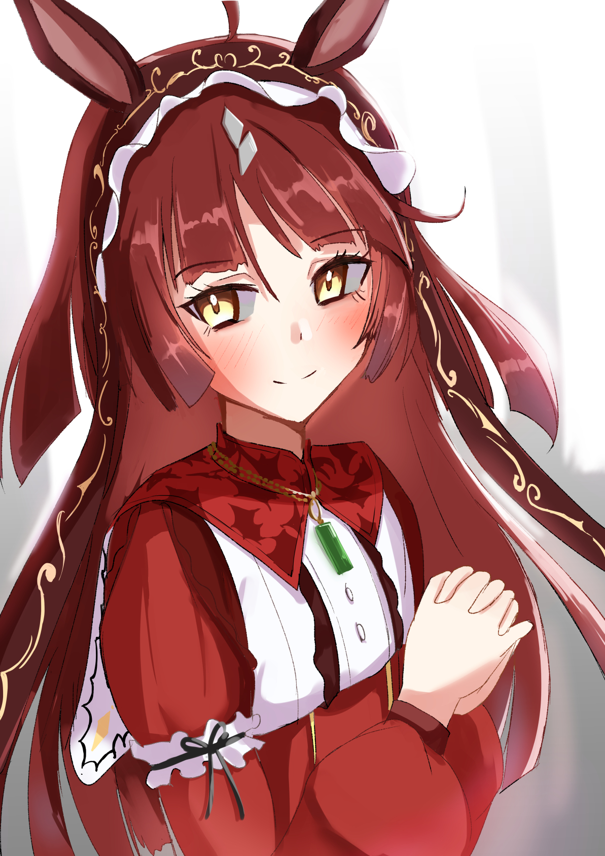 umayonyosi, red desire (umamusume), umamusume, highres, 1girl, blunt ends, blush, capelet, closed mouth, dress, flat chest, frilled hairband, frills, hairband, long hair, long sleeves, red capelet, red dress, red hair, red hairband, smile, solo, split mouth, very long hair, yellow eyes