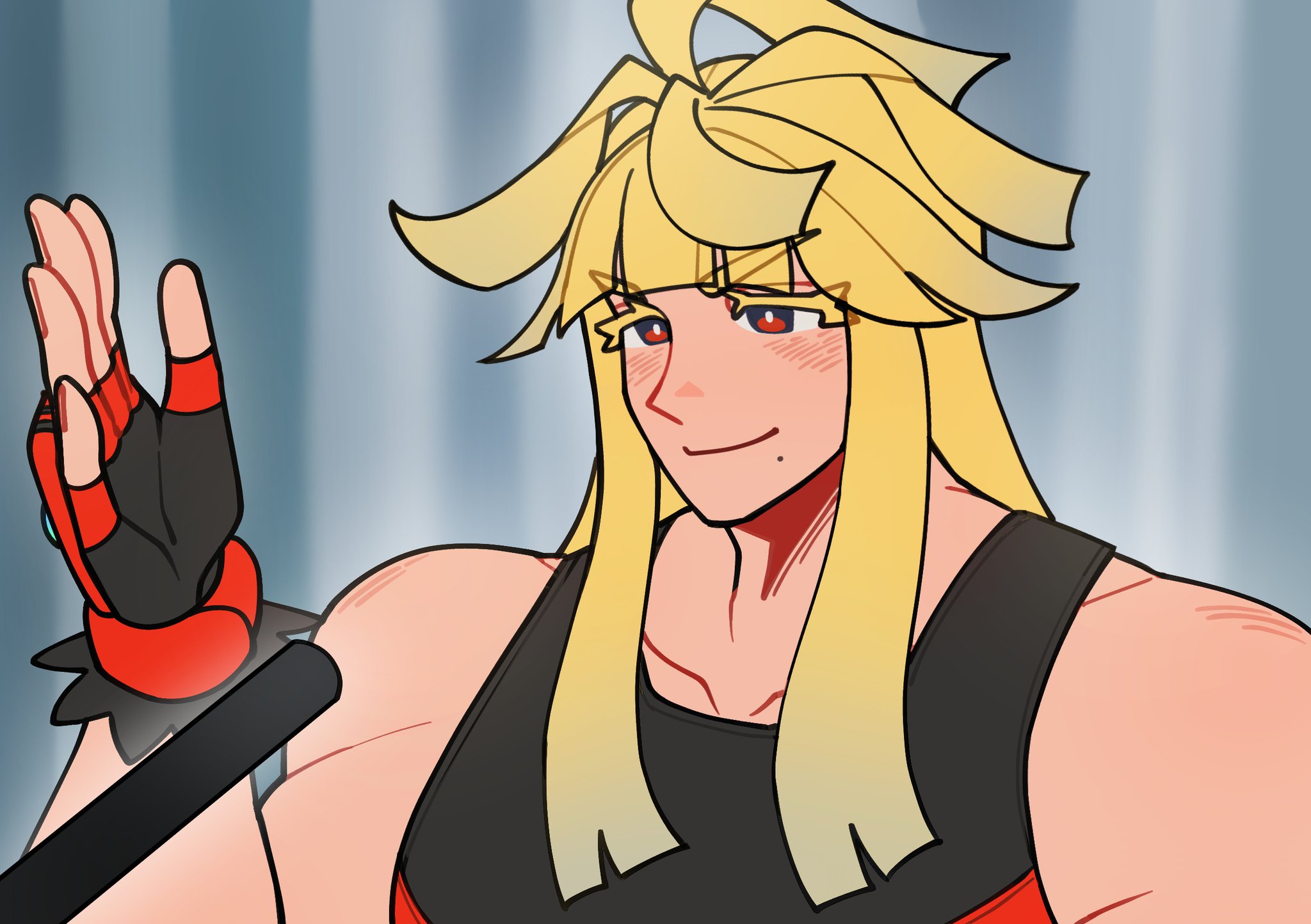 ivor (pokemon), nintendo, pokemon, pokemon legends: z-a, highres, 1boy, black gloves, blonde hair, closed mouth, dd is, fingerless gloves, gloves, interview, long hair, looking at viewer, male focus, meme, red eyes, smile, solo, upper body