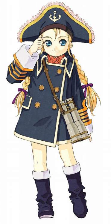 patty fleur, tales of (series), tales of vesperia, :3, anchor, binoculars, blonde hair, blue eyes, boots, braid, hat, jacket, long hair, pale skin, pirate, pirate hat, purple ribbon, ribbon, smile, twin braids