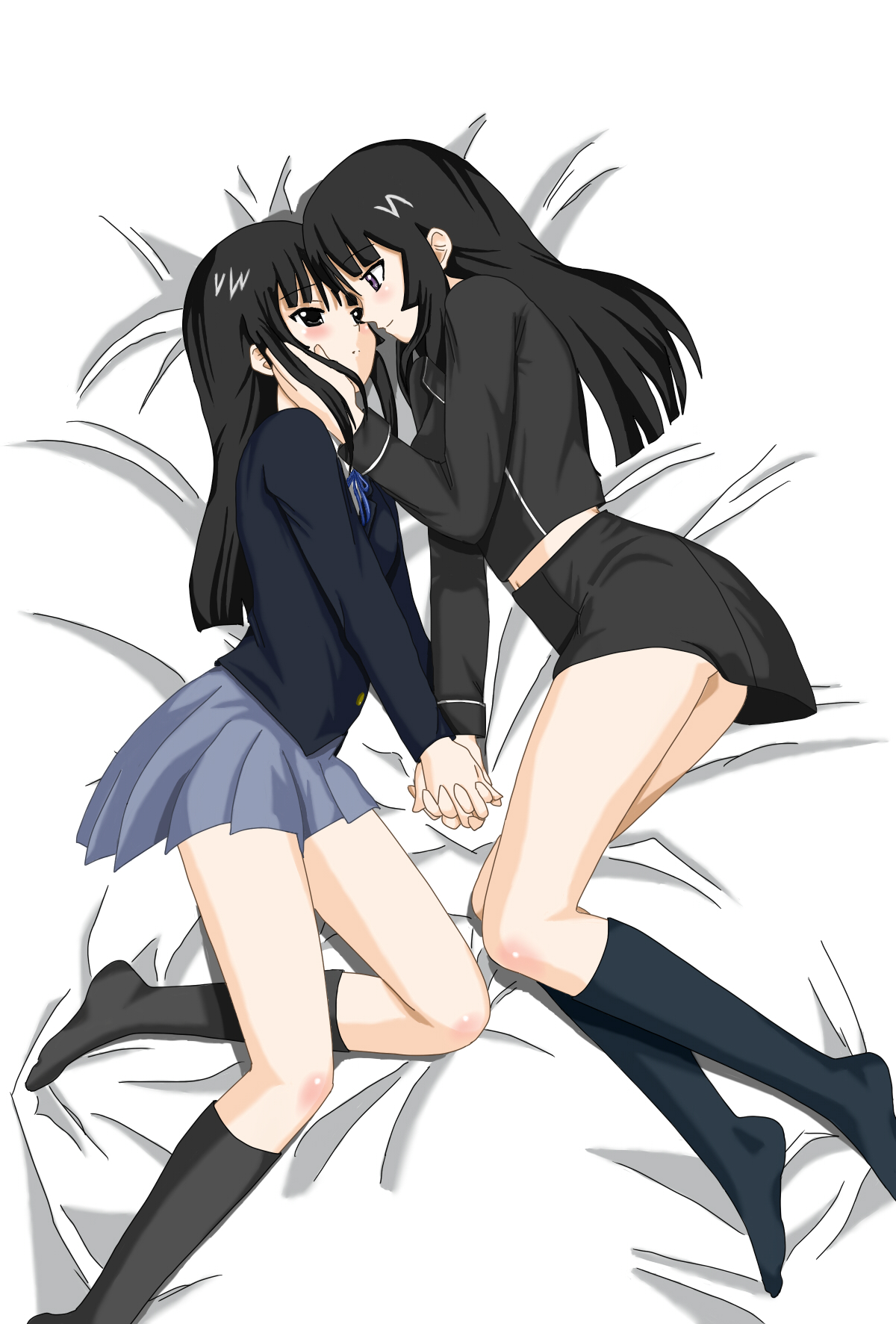 kazuma (pixiv), akiyama mio, isayama yomi, ga-rei, ga-rei zero, k-on!, bad id, bad pixiv id, derivative work, highres, 00s, 2girls, bed, black hair, blunt bangs, crossover, eye contact, feet, hime cut, holding hands, interlocked fingers, kneehighs, look-alike, looking at another, multiple girls, school uniform, skirt, socks, yuri