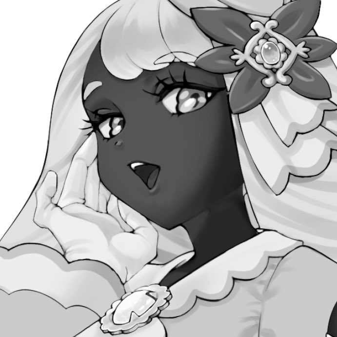 jacinthe (pokemon), nintendo, pokemon, pokemon legends: z-a, 1girl, az47266321, brooch, dark-skinned female, dark skin, eyelashes, fascinator, greyscale, half-closed eyes, hand up, jewelry, long hair, looking at viewer, looking down, low drills, monochrome, open mouth, portrait, solo, teeth, upper teeth only, very dark skin