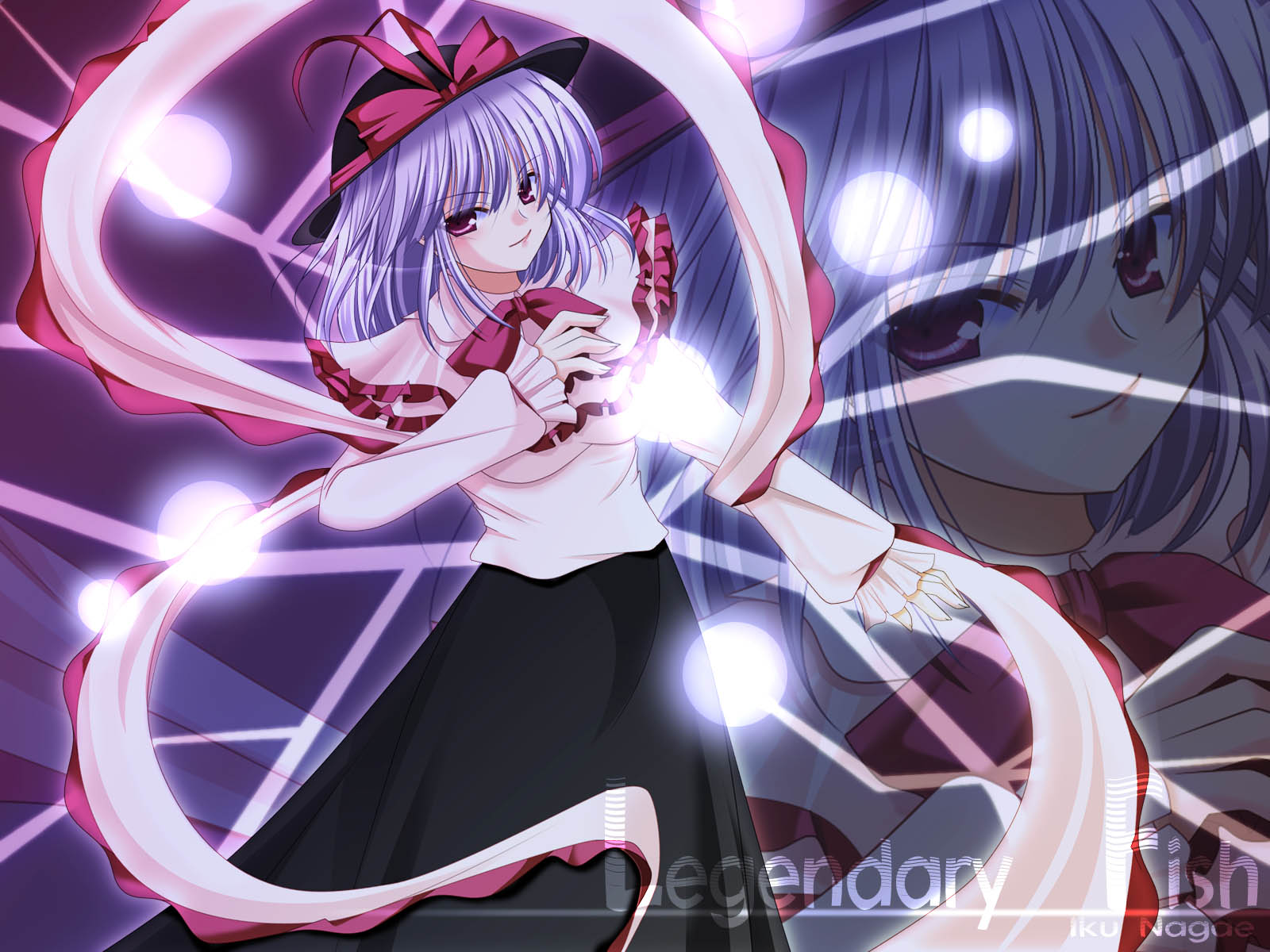 hiyori-o, nagae iku, touhou, bad id, bad pixiv id, highres, 1girl, blue hair, danmaku, female focus, hat, red eyes, solo, standing