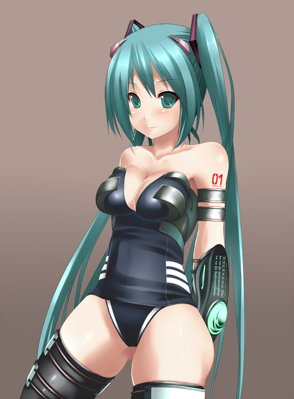 aoinagi, hatsune miku, vocaloid, 1girl, alternate costume, arms behind back, bare shoulders, blush, breasts, cleavage, detached sleeves, female focus, green eyes, green hair, long hair, matching hair/eyes, medium breasts, solo, thighhighs, twintails, very long hair
