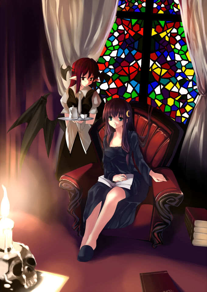 cofepig, koakuma, patchouli knowledge, embodiment of scarlet devil, touhou, bad id, bad pixiv id, 2girls, alternate costume, bat wings, blue eyes, book, crescent, cup, female focus, head wings, long hair, multiple girls, necktie, no headwear, pointy ears, purple hair, red eyes, red hair, sitting, skull, teacup, teapot, tray, wings