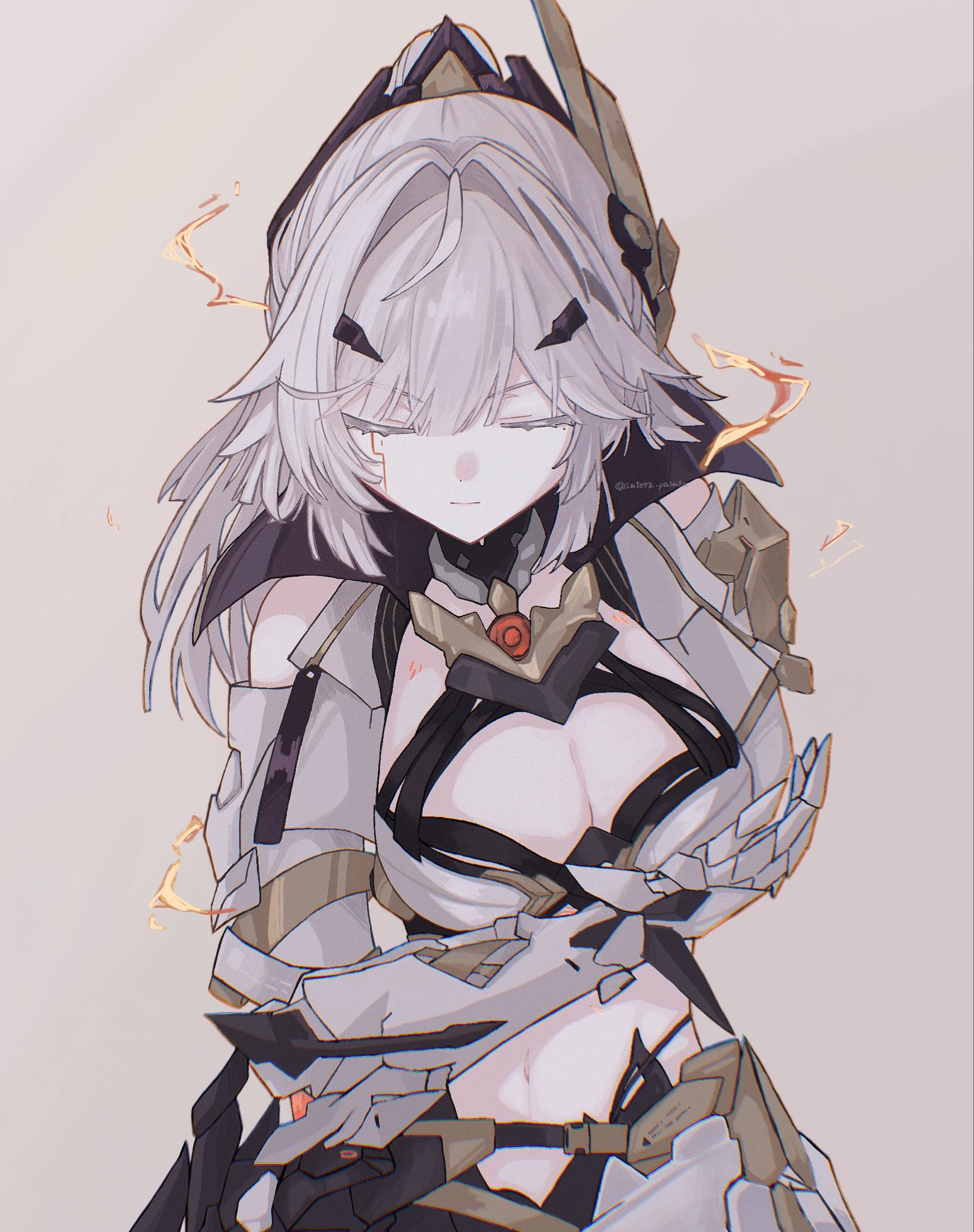 sutera pasuta, erdos helia, erdos helia (planar armament: warped spacetime), honkai (series), honkai impact 3rd, hashtag-only commentary, highres, 1girl, breasts, cleavage, closed eyes, closed mouth, facing viewer, gauntlets, genuflect, grey background, grey hair, large breasts, mole, mole under eye, ponytail, simple background, solo