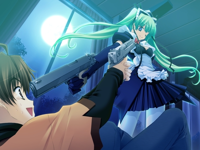 tamahiyo, homura yukine, tsuchimochi riku, emupii maid promotion master, game cg, 1boy, 1girl, apron, at gunpoint, blue eyes, blush stickers, breasts, ceiling, combat maid, covered erect nipples, crying, crying with eyes open, desert eagle, elbow gloves, from below, full moon, gloves, green hair, gun, gun to head, hair ribbon, handgun, holding, holding gun, holding weapon, indoors, long hair, lying, m1911, maid, maid apron, medium breasts, mexican standoff, moon, moonlight, night, on back, on floor, one eye closed, pistol, point blank, puffy short sleeves, puffy sleeves, ribbon, short sleeves, smile, standing, sweatdrop, tears, thighhighs, twintails, weapon, white apron, white thighhighs, window
