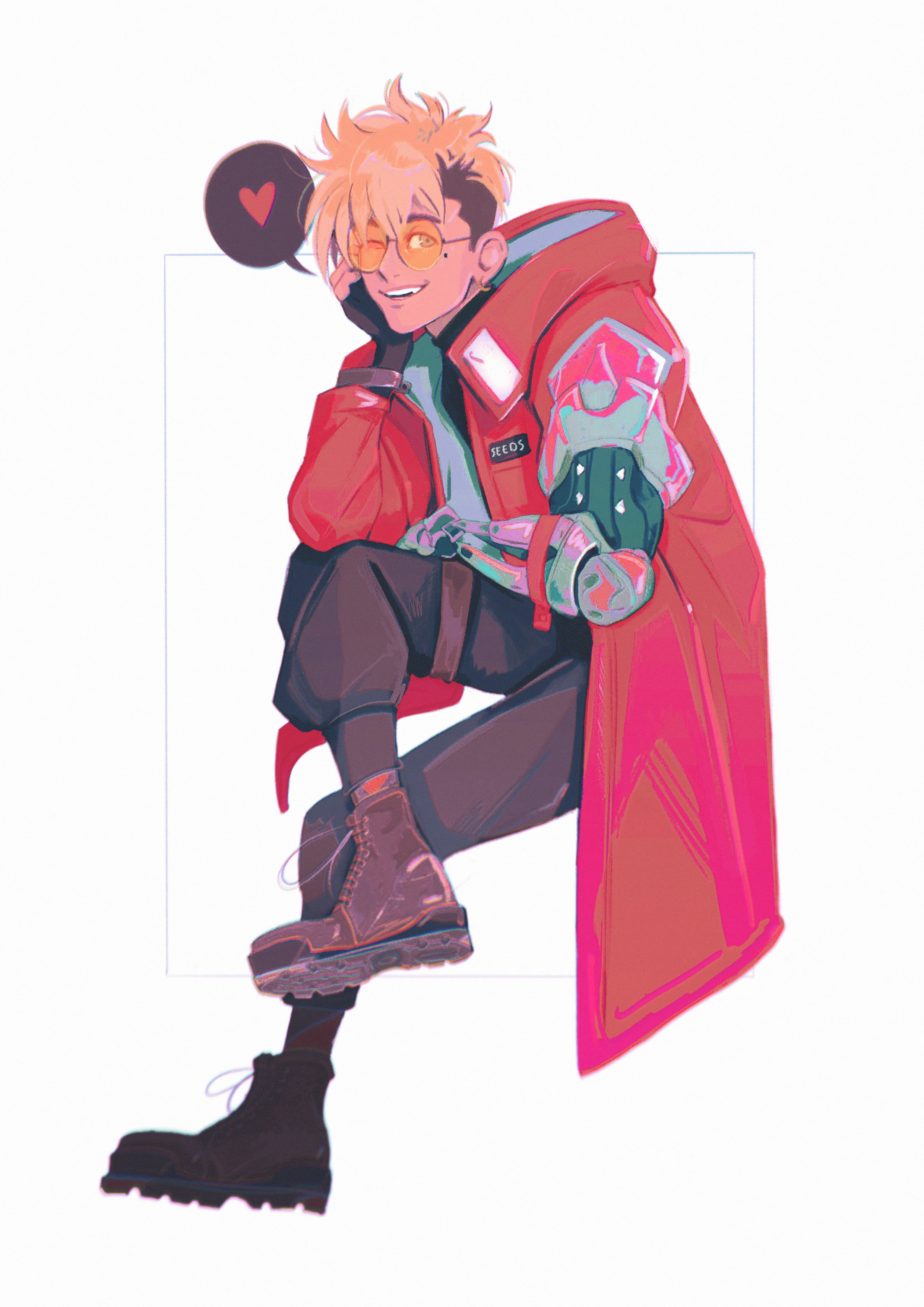 hollycircling, vash the stampede, trigun, trigun stampede, absurdres, highres, 1boy, asymmetrical hair, black boots, black gloves, black pantyhose, black shirt, blonde hair, boots, coat, crossed legs, fingerless gloves, full body, gloves, heart, hood, hood down, looking at viewer, male focus, mechanical arms, mole, mole under eye, one eye closed, open mouth, pantyhose, red coat, round eyewear, shirt, short hair, sidecut, single mechanical arm, smile, solo, spoken heart, undercut, white background