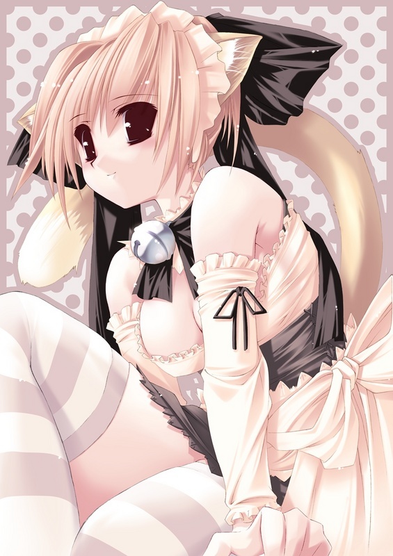animal ears, bell, blonde hair, breasts, brown eyes, cat ears, cat tail, cleavage, detached sleeves, maid, short hair, smile, tail, thighhighs
