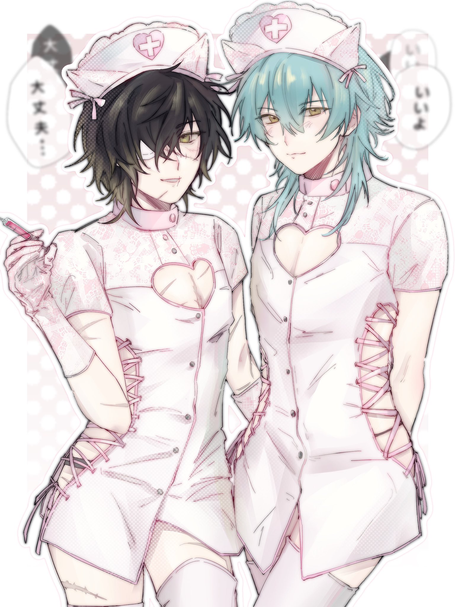 seragaki aoba, towa (slow damage), dramatical murder, slow damage, highres, 2boys, akane047, animal ears, aqua hair, bandages, black hair, blue hair, blush, cat ears, cleavage cutout, clothing cutout, cross-laced clothes, crossdressing, dress, eyepatch, fake animal ears, gloves, hand on another's waist, hat, holding, holding syringe, lace, looking at viewer, male focus, medical eyepatch, multiple boys, nurse, nurse cap, pink gloves, puffy short sleeves, puffy sleeves, scar, scar on leg, scars all over, short hair, short sleeves, smile, stitches, syringe, thighhighs, too many, white thighhighs, yellow eyes