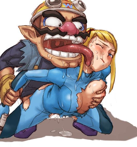 samus aran, wario, mario (series), metroid, nintendo, super smash bros., warioware, arm grab, 1boy, 1girl, bent over, blonde hair, blue eyes, blush, bodysuit, breasts, bruise, censored, crossover, cum, cum in pussy, denim, facial hair, fat, fat man, gloves, goggles, grabbing another's breast, groping, gun, handgun, hetero, injury, licking, licking another's cheek, licking another's face, long hair, mustache, one eye closed, pointy ears, ponytail, pussy juice, rape, restrained, saliva, sex, spandex, sweat, tongue, torn clothes, ugly bastard, vaginal, weapon, wince, wink, zero suit