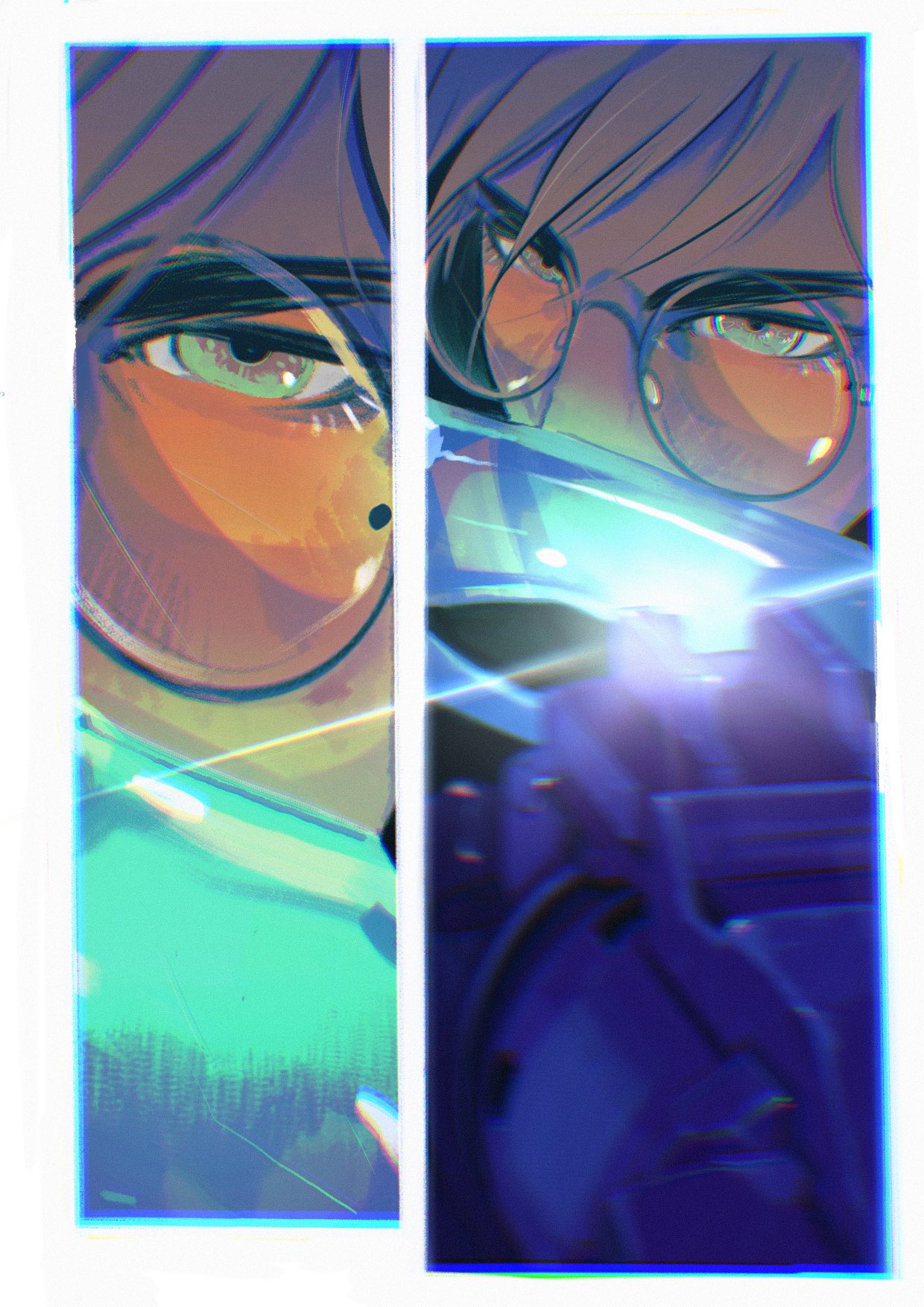 hollycircling, vash the stampede, trigun, trigun stampede, highres, 1boy, border, covered mouth, furrowed brow, glasses, lens flare, long hair, male focus, mole, mole under eye, round eyewear, short hair, solo, upper body, white border