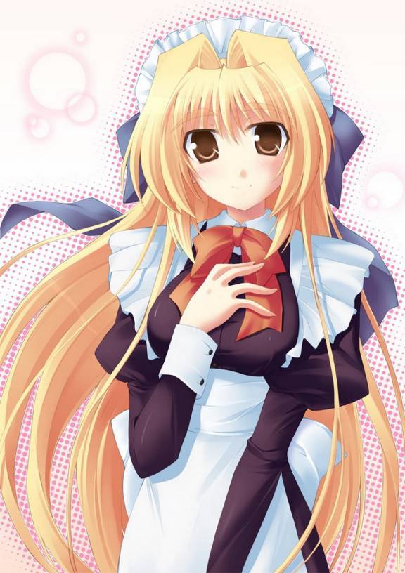 blonde hair, blush, brown eyes, hair ribbon, long hair, maid, ribbon, smile