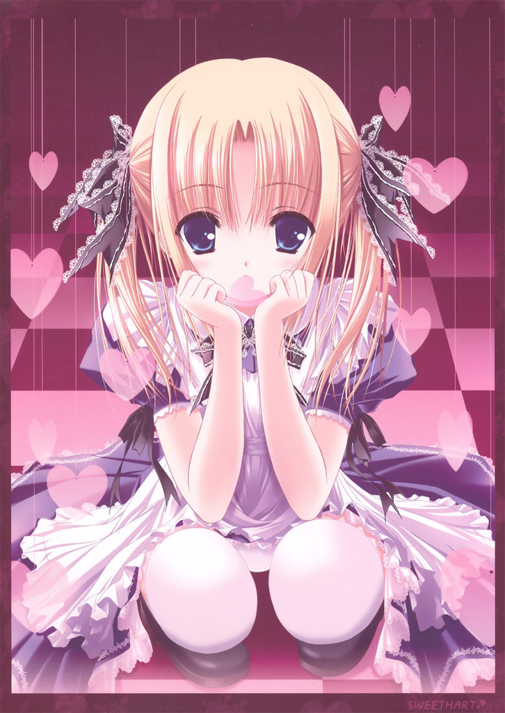 blonde hair, blue eyes, blush, frills, lace, short hair, squatting