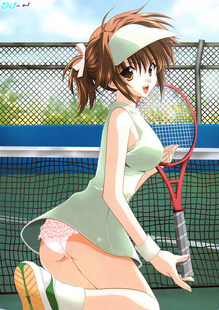visor, brown hair, hair ribbon, happy, net, panties, playing sports, racket, ribbon, shoes, sneakers, sportswear, sweatband, tennis, tennis racket, tennis uniform, underwear