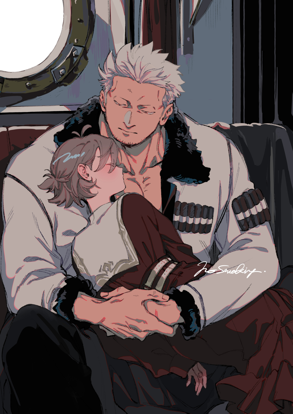 kabane (rjev8385), smoker (one piece), one piece, original, highres, 1boy, 1girl, antenna hair, belt, black pants, cigar, closed mouth, couch, couple, dress, facial hair, feet out of frame, fur-trimmed jacket, fur-trimmed sleeves, fur trim, goatee stubble, grey hair, half-closed eyes, hetero, indoors, jacket, long dress, long sleeves, looking at another, looking down, muscular, muscular male, no shirt, oc x canon, on couch, own hands together, pants, ponytail, red dress, round window, short hair, short ponytail, sitting, stubble, white belt, white hair, white jacket, window