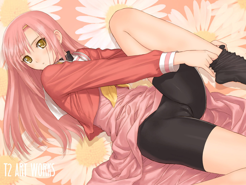 tanaka takayuki, hayate no gotoku!, uniform, bike shorts, blush, cameltoe, long hair, lying, pink hair, school uniform, yellow eyes