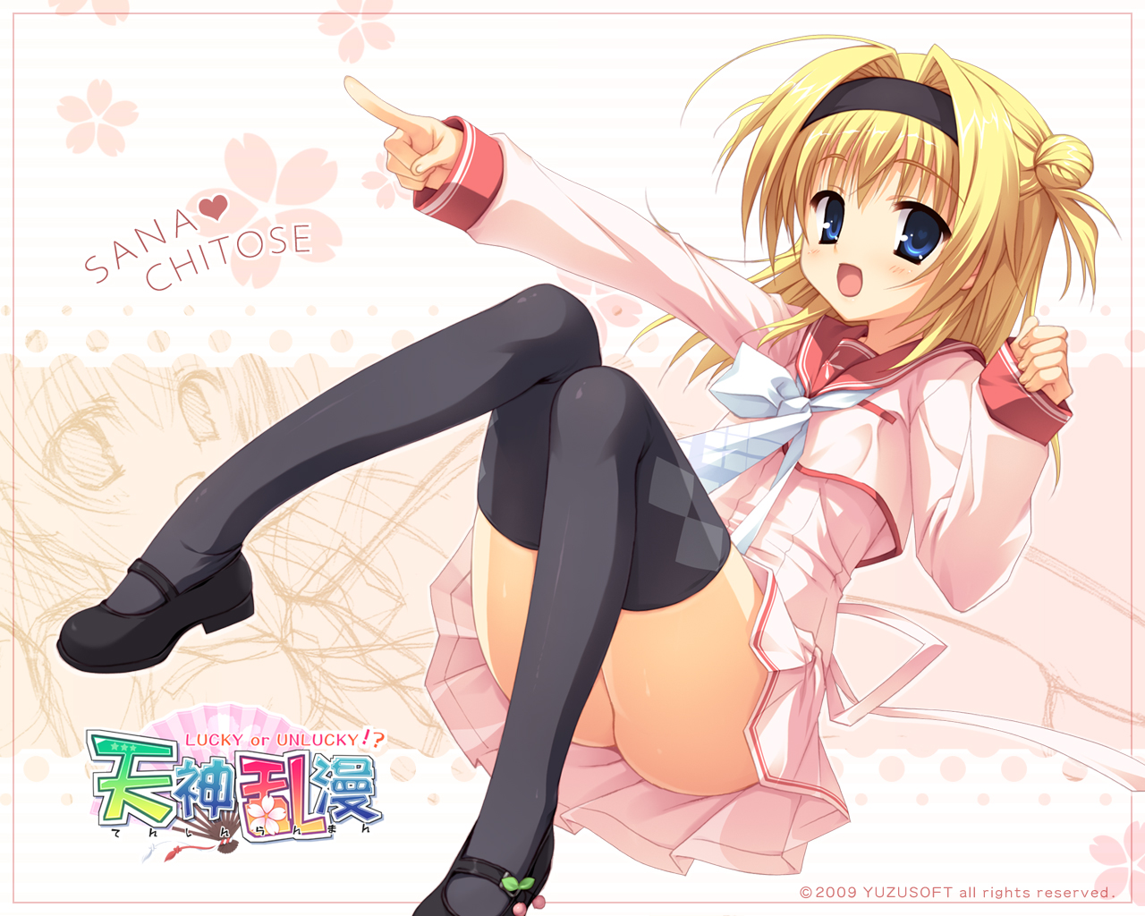 kobuichi, muririn, chitose sana, tenshinranman, 1girl, black thighhighs, blonde hair, blue eyes, dress, female focus, flat chest, legs, loli, long sleeves, looking at viewer, mary janes, no panties, open mouth, outstretched arm, pointing, sailor dress, school uniform, serafuku, shoes, sleeves past wrists, smile, solo, thighhighs