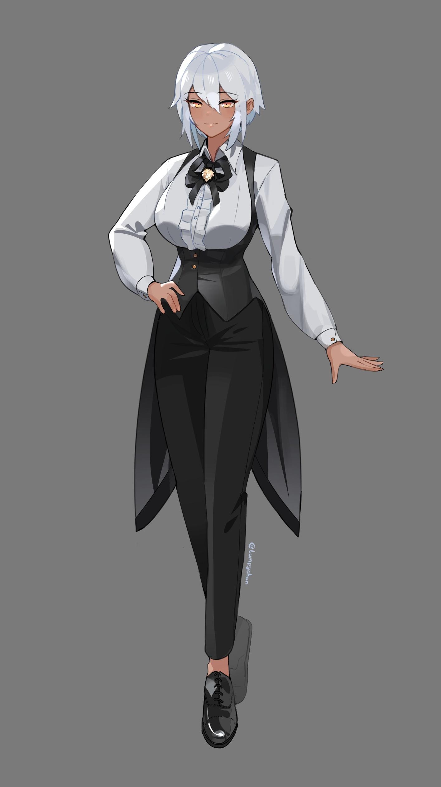 lumpychan, original, absurdres, highres, third-party source, 1girl, black pants, black shoes, breasts, dark-skinned female, dark skin, full body, grey background, hand on own hip, large breasts, medium hair, orange eyes, pants, shoes, signature, smile, solo, underbust