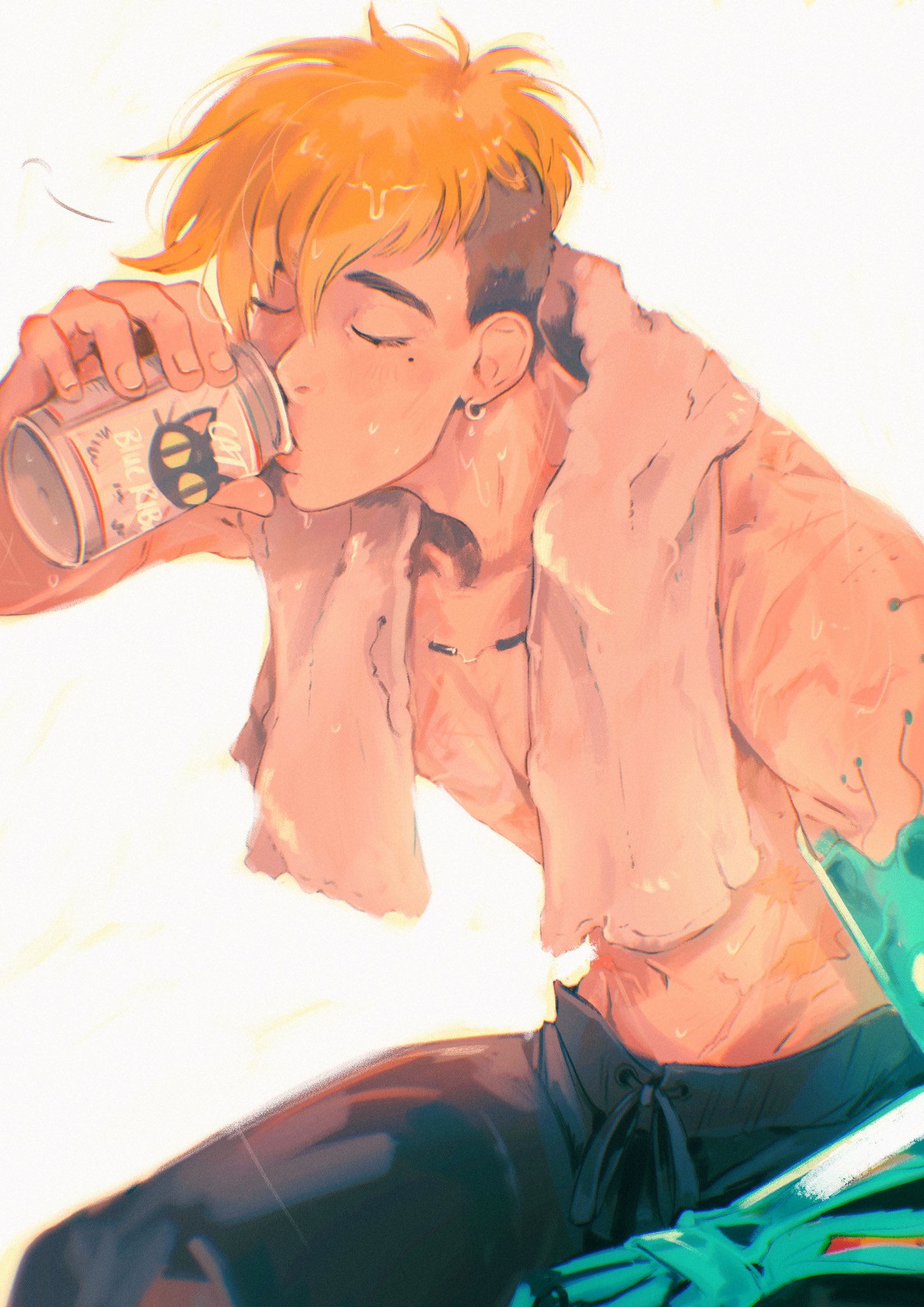 hollycircling, kuroneko (trigun), vash the stampede, trigun, trigun stampede, highres, 1boy, asymmetrical hair, black pants, blonde hair, can, closed eyes, drinking, earrings, hair between eyes, holding, holding can, jewelry, male focus, mechanical arms, mole, mole under eye, pants, short hair, sidecut, single mechanical arm, solo, sweat, topless male, towel, towel around neck, undercut, upper body, white background