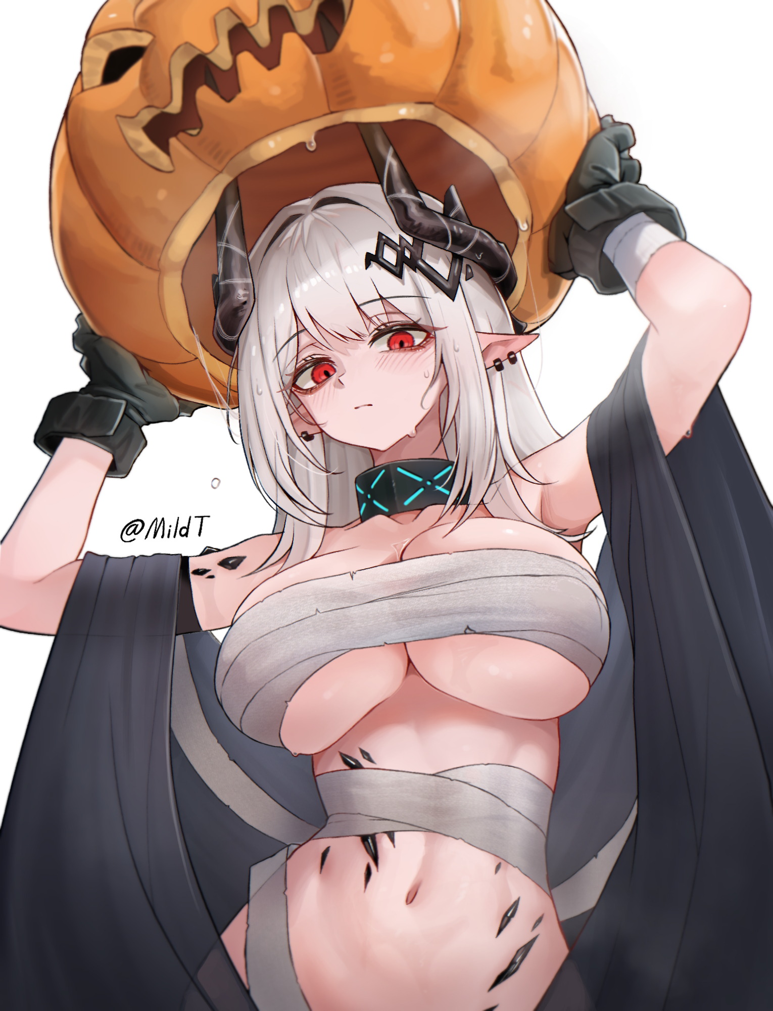 mildt, infection monitor (arknights), mudrock (arknights), arknights, highres, 1girl, arms up, bandaged chest, bandages, black gloves, black horns, blush, breasts, closed mouth, demon girl, demon horns, earrings, from below, gloves, horns, jewelry, large breasts, looking at viewer, material growth, naked bandage, navel, oripathy lesion (arknights), pointy ears, pumpkin mask, red eyes, simple background, solo, stomach, sweat, upper body, white background