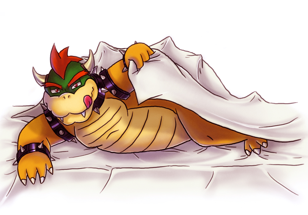 bowser, koopa, mario (series), nintendo, super mario bros. 1, 1boy, barefoot, bed, claws, furry, furry male, horns, male focus, matching hair/eyes, naughty face, red eyes, red hair, solo, toes, tongue