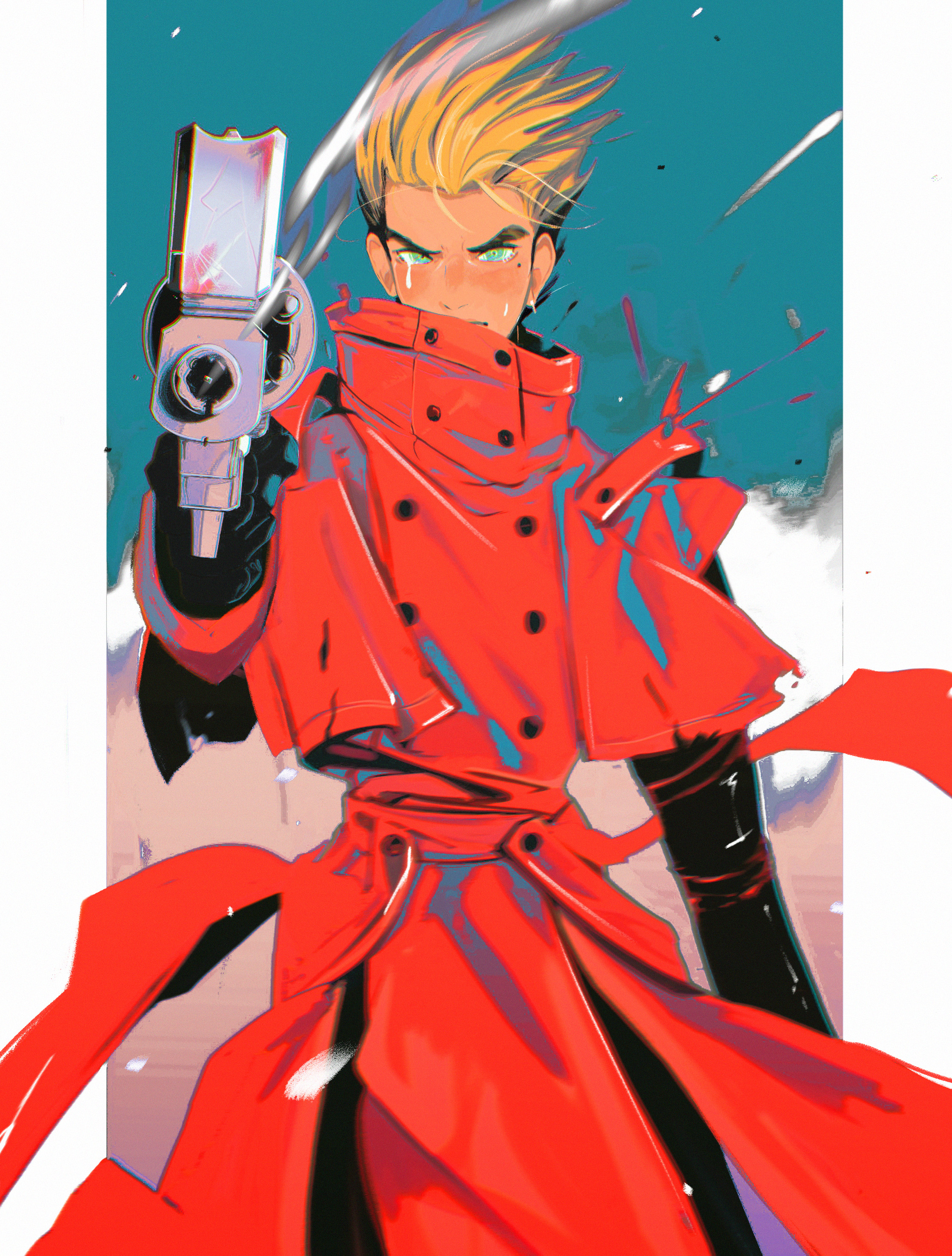 hollycircling, vash the stampede, trigun, absurdres, highres, 1boy, aiming, aiming at viewer, black gloves, blonde hair, blue background, blue eyes, border, coat, cowboy shot, crying, furrowed brow, gloves, gun, holding, holding gun, holding weapon, long coat, male focus, mole, mole under eye, red coat, short hair, solo, tears, weapon, white border