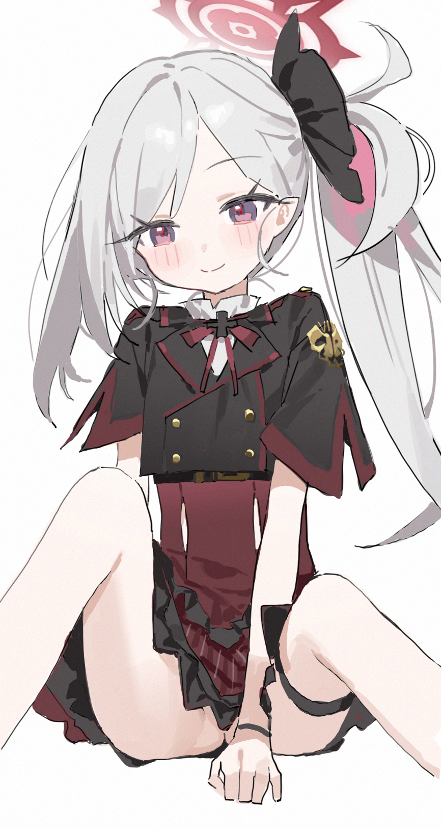 measho, mutsuki (blue archive), blue archive, highres, 1girl, asymmetrical hair, black shirt, closed mouth, feet out of frame, frilled skirt, frills, grey hair, halo, knees up, long hair, looking at viewer, miniskirt, no panties, pink eyes, plaid clothes, plaid skirt, pointy ears, red halo, red skirt, shirt, short sleeves, side ponytail, simple background, sitting, skirt, smile, solo, white background