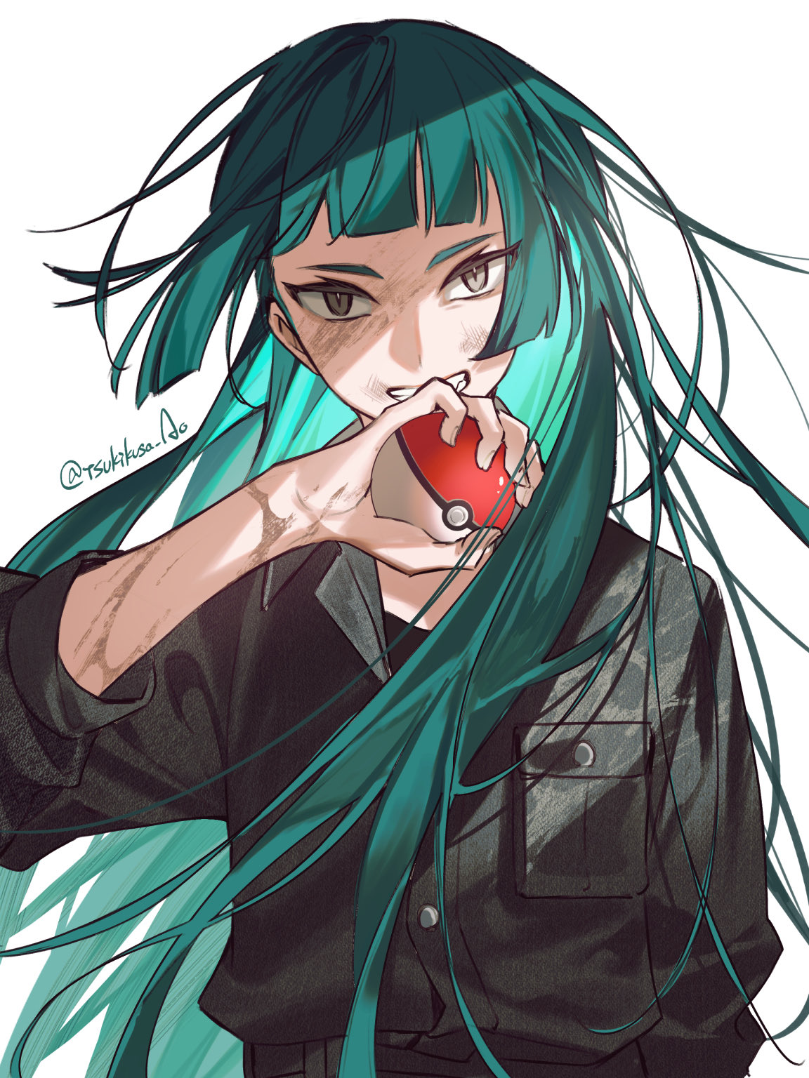 tsukikusa ao, lebanne (pokemon), nintendo, pokemon, pokemon legends: z-a, highres, 1girl, aged down, alternate costume, alternate hairstyle, breast pocket, green hair, grin, hand up, holding, holding poke ball, long hair, long sleeves, looking at viewer, pocket, poke ball, poke ball (basic), slit pupils, smile, solo, upper body, very long hair