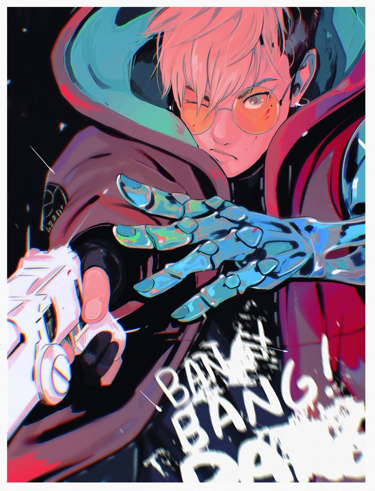 hollycircling, vash the stampede, trigun, trigun stampede, highres, 1boy, asymmetrical hair, black background, black hair, blonde hair, border, coat, earrings, frown, glasses, gun, hair between eyes, holding, holding gun, holding weapon, hood, hood down, jewelry, male focus, mechanical arms, mole, mole under eye, multicolored hair, one eye closed, red coat, round eyewear, short hair, sidecut, single mechanical arm, solo, two-tone hair, undercut, upper body, weapon, white border