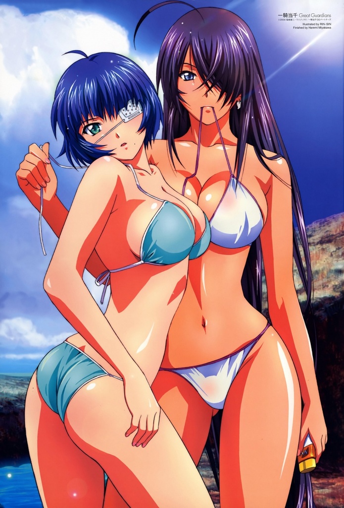 rin-sin, kan'u unchou, ryomou shimei, ikkitousen, 00s, 2girls, ass, bikini, blue hair, blush, bra, breasts, cleavage, earrings, eyepatch, green eyes, jewelry, large breasts, lingerie, long hair, mouth hold, multiple girls, navel, purple hair, short hair, standing, swimsuit, underwear