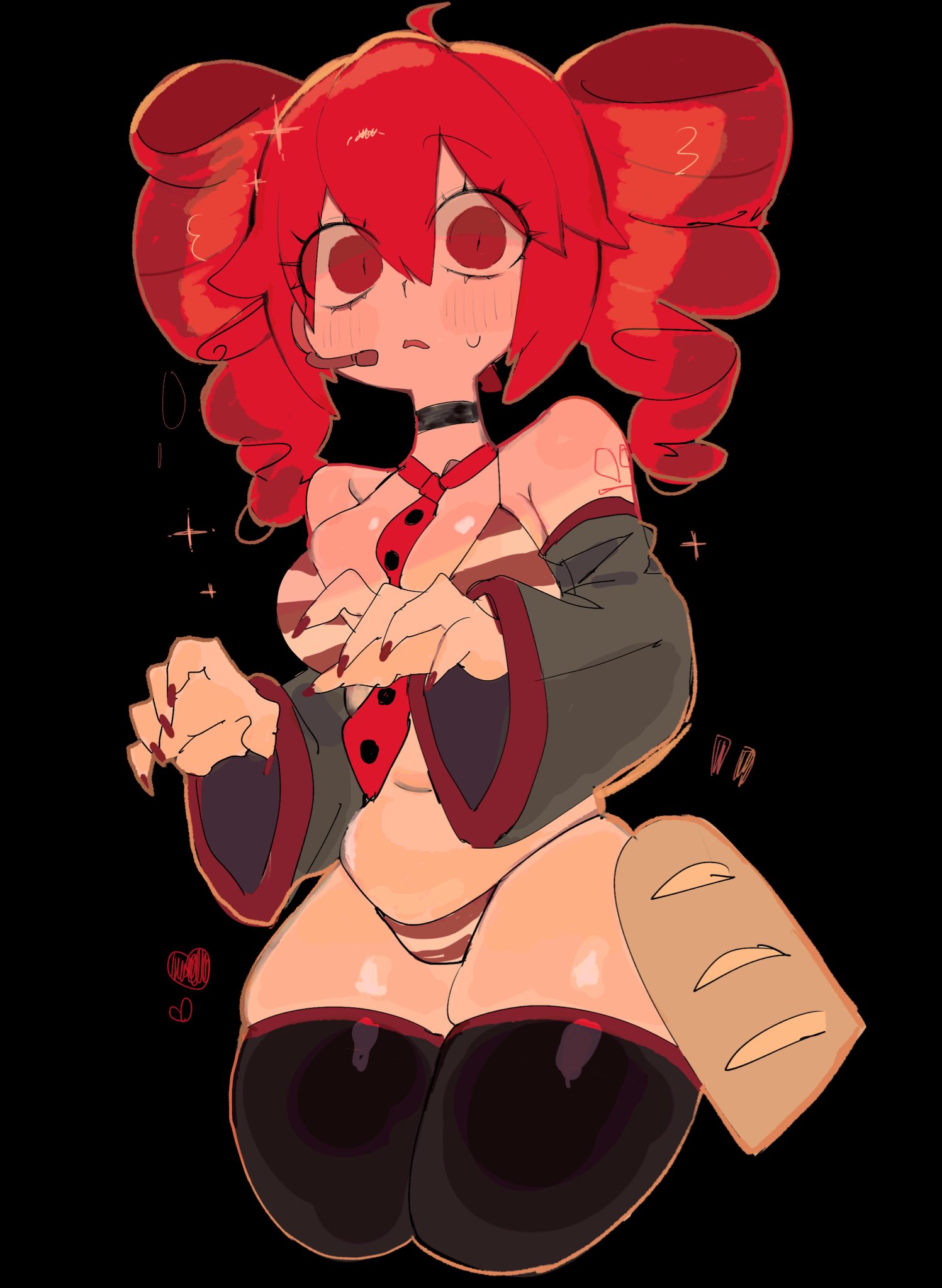 usa37107692, kasane teto, kasane teto (utau), utau, commentary, highres, 1girl, adapted costume, ahoge, baguette, bare shoulders, between breasts, bikini, black background, black choker, black thighhighs, bread, breasts, choker, cropped legs, detached sleeves, double-parted bangs, drill hair, eyes visible through hair, food, grey sleeves, hair between eyes, headset, heart, long sleeves, looking at viewer, medium breasts, medium hair, multicolored bikini, nail polish, necktie, necktie between breasts, number tattoo, open mouth, red bikini, red eyes, red hair, red nails, red necktie, red trim, shoulder tattoo, simple background, single eyebrow, skindentation, solo, sparkle, standing, striped bikini, striped clothes, sweatdrop, swimsuit, tattoo, thighhighs, twin drills, two-tone bikini, white bikini, wide-eyed, wide sleeves