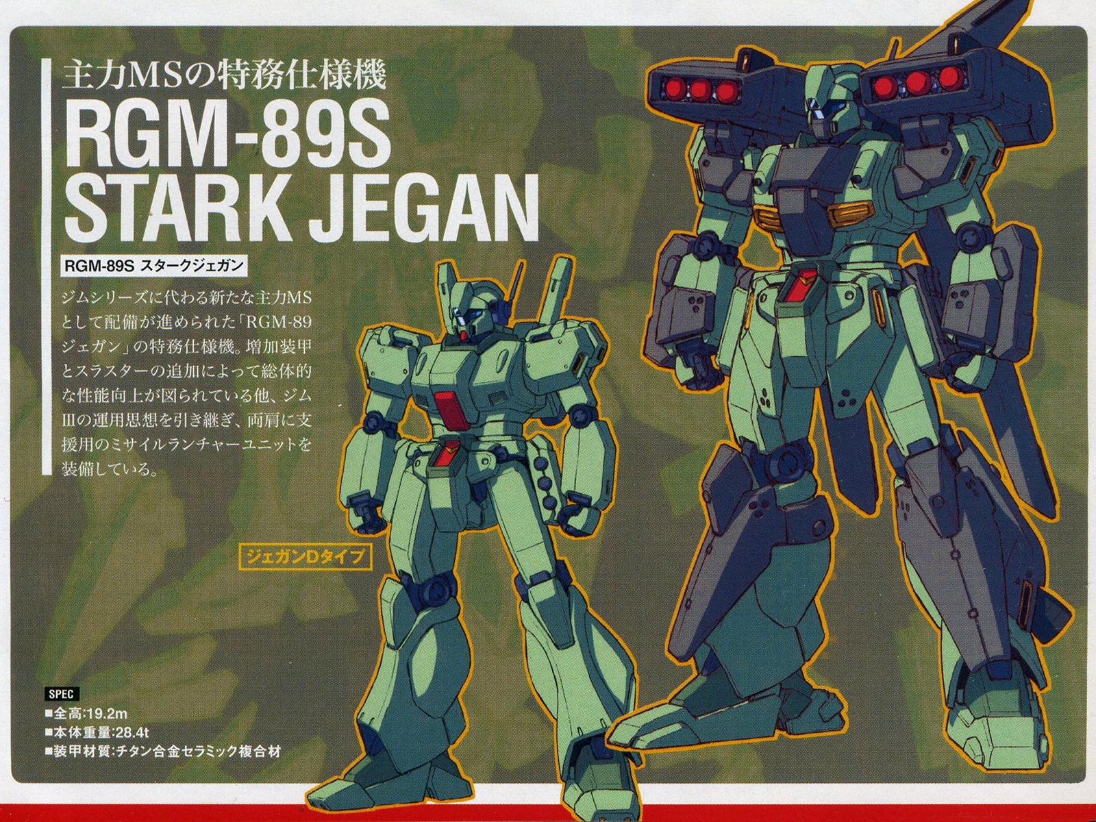 katoki hajime, jegan, stark jegan, gundam, gundam unicorn, highres, official art, promotional art, scan, traditional media, translation request, blue visor, camouflage, character name, earth federation space forces, machinery, mecha, mecha focus, missile pod, mobile suit, no humans, production art, radio antenna, robot, science fiction
