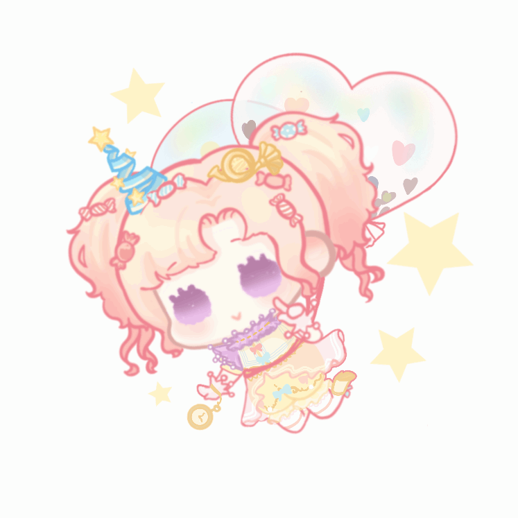 xiaoyu qixing, nikki (series), shining nikki, animated, animated gif, looping animation, 1girl, :>, balloon, blinking, bloomers, blue hat, blush stickers, boots, candy hair ornament, chibi, choker, closed mouth, colored eyelashes, dress, floating, food-themed hair ornament, french horn, hair ornament, happy, hat, hat ornament, heart balloon, holding, holding balloon, instrument, instrument hair ornament, messy hair, mini party hat, orange dress, orange hair, parted bangs, pocket watch, purple choker, purple eyes, rainbow fantasy (shining nikki), see-through clothes, see-through dress, short dress, short hair, short twintails, simple background, smile, solid oval eyes, solo, star (symbol), star hat ornament, star symbol background, twintails, underwear, watch, white background, white wrist cuffs, wrist cuffs, yellow bloomers, yellow boots