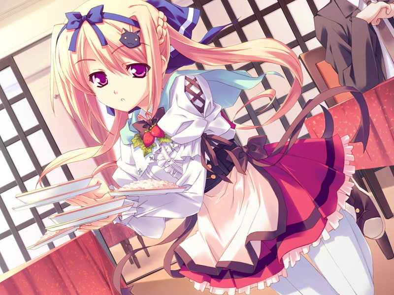 kusukusu, lulli, sakura strasse, white legwear, game cg, 1girl, blonde hair, bow, cat hair ornament, female focus, food, fruit, hair bow, hair ornament, hair ribbon, long hair, maid, plate, red eyes, restaurant, ribbon, rice, solo, soup, strawberry, waitress