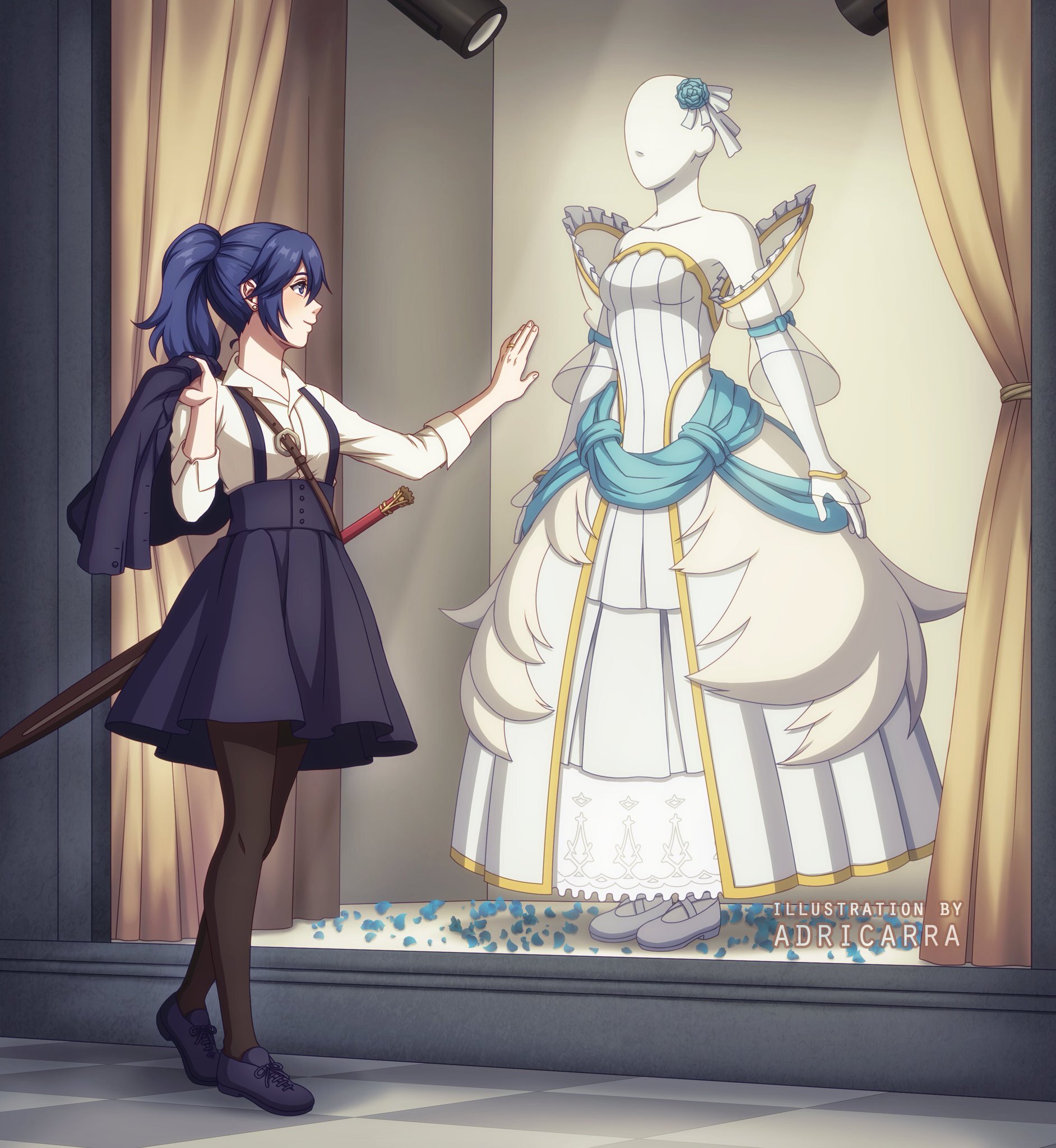 adricarra, lucina (bridal) (fire emblem), lucina (fire emblem), fire emblem, fire emblem awakening, nintendo, commentary, english commentary, highres, second-party source, 1girl, against glass, alternate costume, alternate hairstyle, artist name, black pantyhose, blue eyes, blue hair, blue jacket, blue skirt, closed mouth, contemporary, curtains, detached sleeves, dress, ear piercing, falchion (fire emblem), full body, hand on glass, holding, holding jacket, holding unworn clothes, jacket, long hair, long sleeves, mannequin, pantyhose, piercing, ponytail, sheath, sheathed, shirt, skirt, sleeves rolled up, smile, solo, storefront, suspender skirt, suspenders, sword, unworn jacket, weapon, wedding dress, white dress, white shirt, window shopping