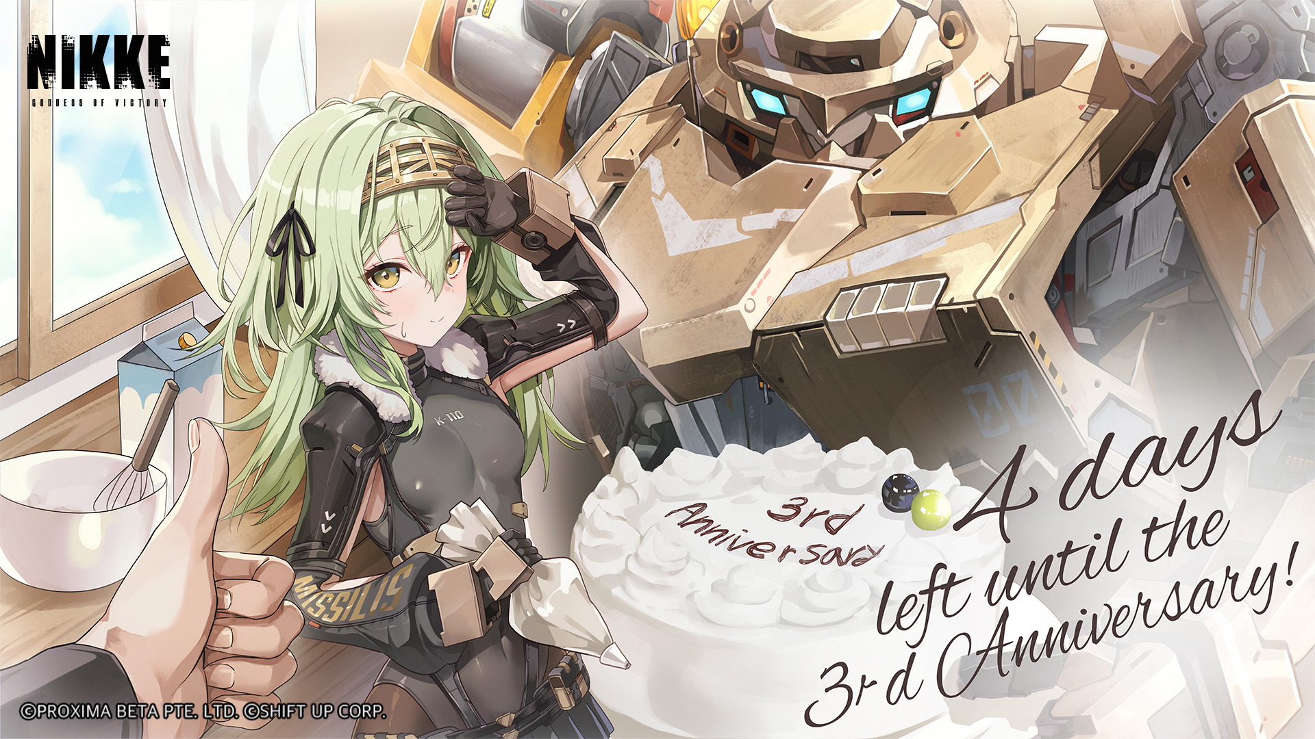 misyune, commander (nikke), kilo (nikke), talos (nikke), goddess of victory: nikke, commentary, english commentary, highres, official art, second-party source, 1boy, 1girl, black bodysuit, bodysuit, breasts, brown shirt, cake, closed mouth, covered navel, curtains, day, food, green hair, guest art, headband, holding, holding pastry bag, icing, indoors, long hair, long sleeves, looking at viewer, mecha, medium breasts, pastry bag, robot, shirt, small breasts, smile, standing, sweatdrop, thumbs up, window, yellow eyes