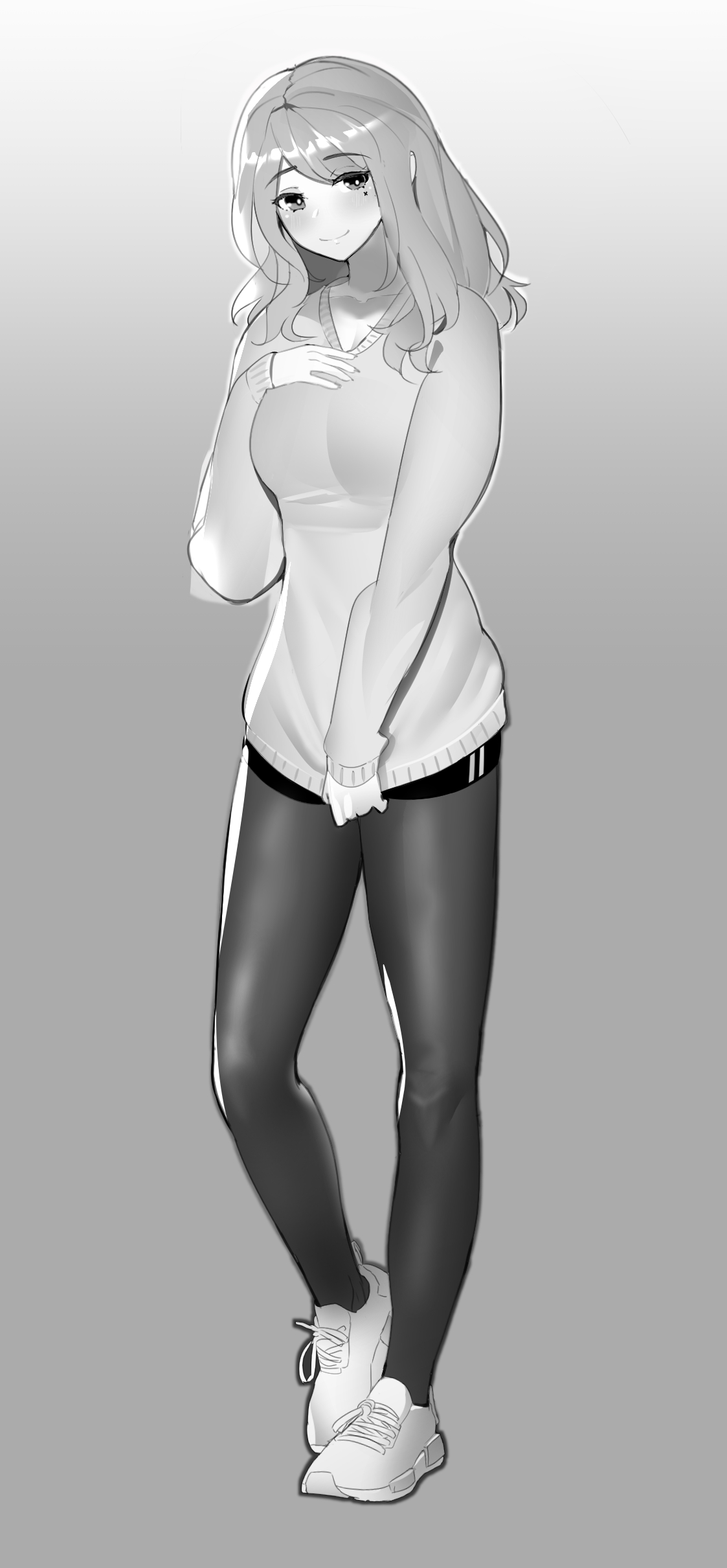 lumpychan, original, absurdres, commentary, commission, highres, 1girl, breasts, clothes tug, full body, greyscale, leggings, medium breasts, mole, mole under eye, monochrome, shoes, short shorts, shorts, sleeves past wrists, smile, sneakers, solo, sweater, sweater tug