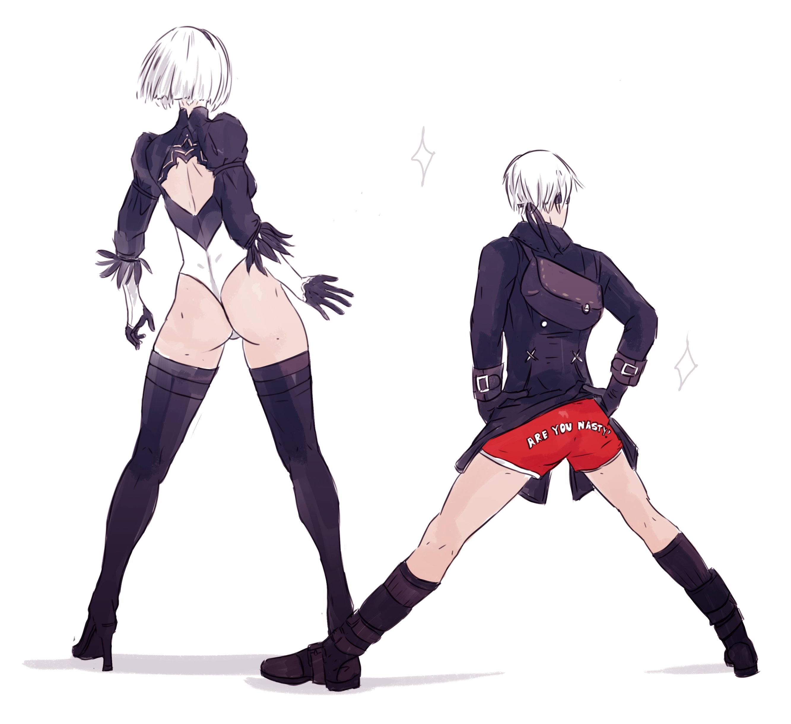 hollycircling, 2b (nier:automata), 9s (nier:automata), nier:automata, nier (series), absurdres, highres, 1boy, 1girl, ass, back cutout, black boots, black gloves, black hairband, black jacket, black leotard, black thighhighs, blindfold, boots, breasts, clothing cutout, facing away, feather trim, full body, gloves, hairband, hands on own hips, high heel boots, high heels, jacket, juliet sleeves, leotard, long sleeves, male underwear, medium breasts, puffy sleeves, red male underwear, short hair, sparkle, thigh boots, thighhighs, underwear, white background, white hair