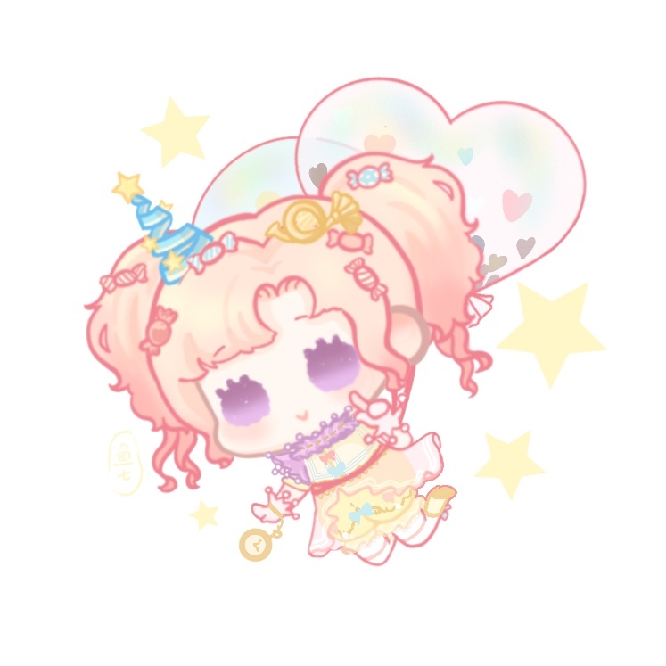 xiaoyu qixing, nikki (series), shining nikki, 1girl, :>, balloon, bloomers, blue hat, blush stickers, boots, candy hair ornament, chibi, choker, closed mouth, colored eyelashes, dress, floating, food-themed hair ornament, french horn, hair ornament, happy, hat, hat ornament, heart balloon, holding, holding balloon, instrument, instrument hair ornament, messy hair, mini party hat, orange dress, orange hair, parted bangs, pocket watch, purple choker, purple eyes, rainbow fantasy (shining nikki), see-through clothes, see-through dress, short dress, short hair, short twintails, simple background, smile, solid oval eyes, solo, star (symbol), star hat ornament, star symbol background, twintails, underwear, watch, white background, white wrist cuffs, wrist cuffs, yellow bloomers, yellow boots