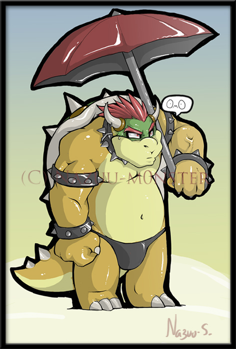 bowser, mario (series), nintendo, super mario bros. 1, artist request, 1boy, black male swimwear, black swim briefs, collar, fat, fat man, holding, holding umbrella, male swimwear, scaly, spiked collar, spikes, swim briefs, swimsuit, umbrella, watermark