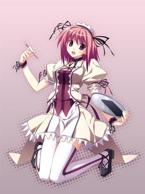 blush, brown eyes, frills, hair ribbon, happy, kneeling, lace, maid, purple hair, ribbon, short hair