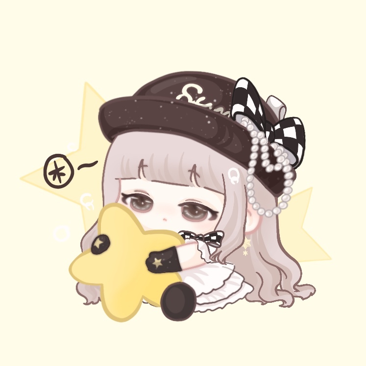 xiaoyu qixing, nikki (series), shining nikki, chinese commentary, commentary request, 1girl, black bow, black gloves, black hat, black shoes, blinking, blunt bangs, bow, bowler hat, bowtie, brown eyes, brown hair, checkered bow, checkered clothes, chibi, clothes writing, double-parted bangs, dress, expressionless, eyelashes, frilled dress, frilled sleeves, frills, glitter, gloves, hair spread out, half-closed eyes, hat, hat bow, holding, holding star, jewelry, light blush, long hair, looking at viewer, medium dress, necklace, oversized object, parted lips, pearl necklace, print gloves, shoes, short sleeves, sidelocks, sigh, sitting, solo, star (symbol), star print, star symbol background, strings of the stars (shining nikki), two-tone bow, unworn jewelry, unworn necklace, very long hair, wavy hair, white bow, white dress, yellow background