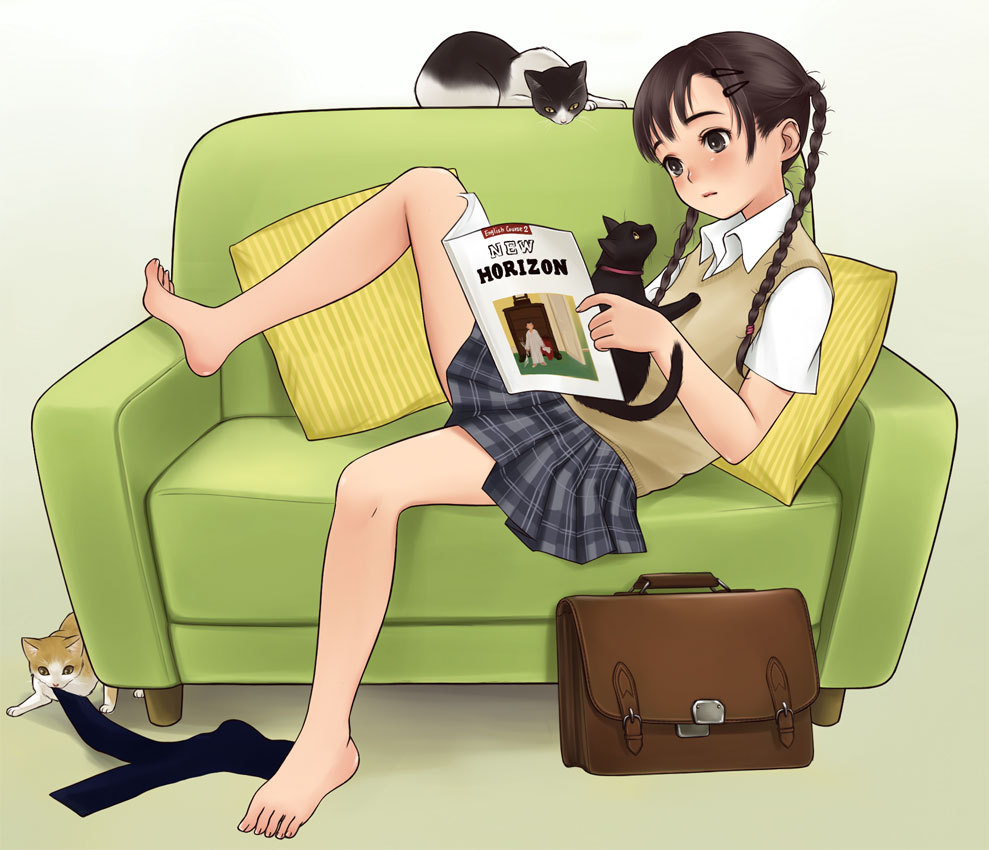 luna2, bag, barefoot, black eyes, blush, braid, brown hair, cat, feet, hair ornament, hairclip, long hair, reading, school bag, sitting, skirt, socks, sweater, twin braids