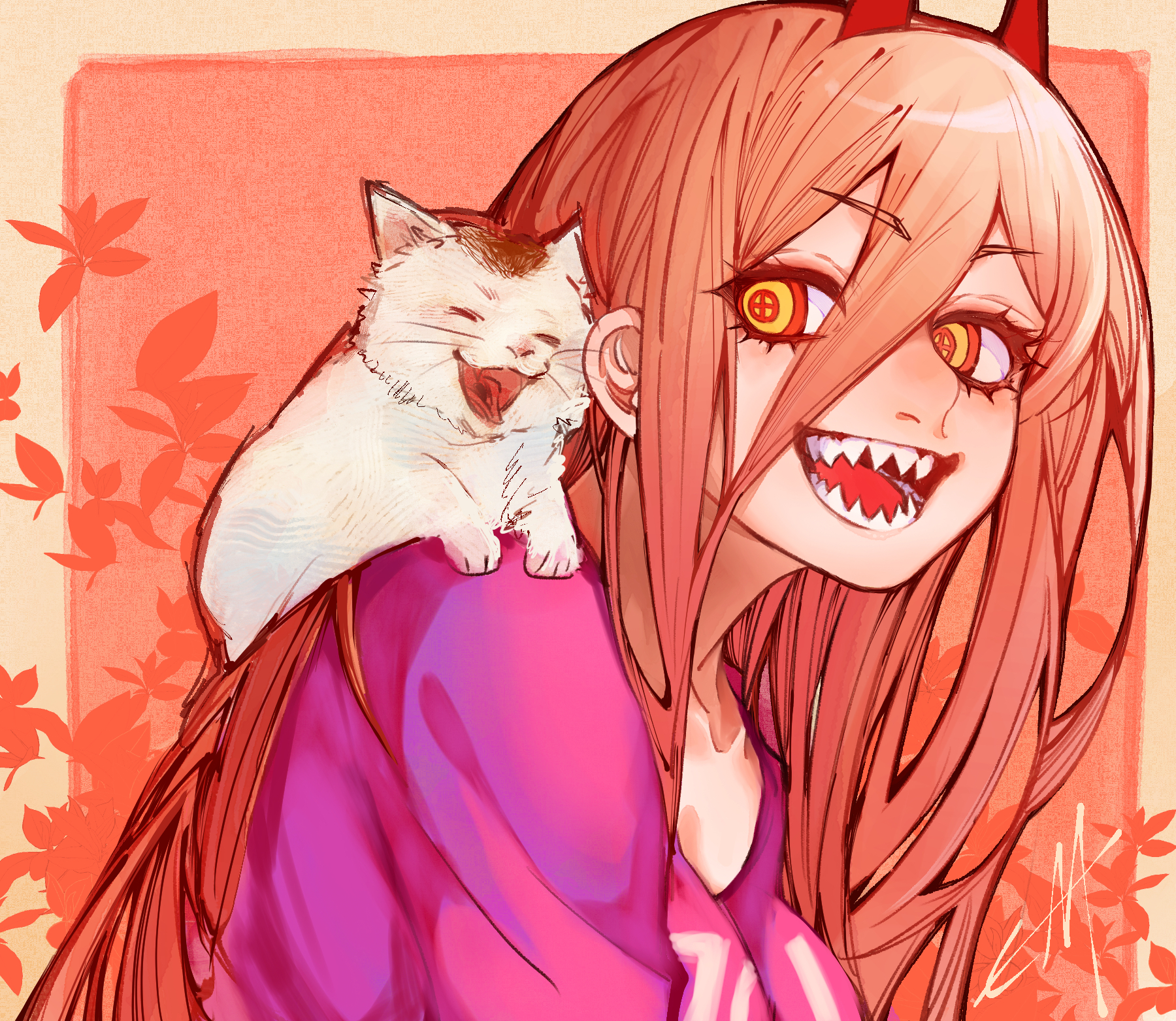 ema ema39, meowy (chainsaw man), power (chainsaw man), chainsaw man, highres, 1girl, animal, animal on shoulder, cat, cat on shoulder, cross-shaped pupils, demon girl, demon horns, hair between eyes, horns, long hair, long hair between eyes, open mouth, orange hair, purple shirt, red horns, sharp teeth, shirt, solo, symbol-shaped pupils, teeth, yellow eyes