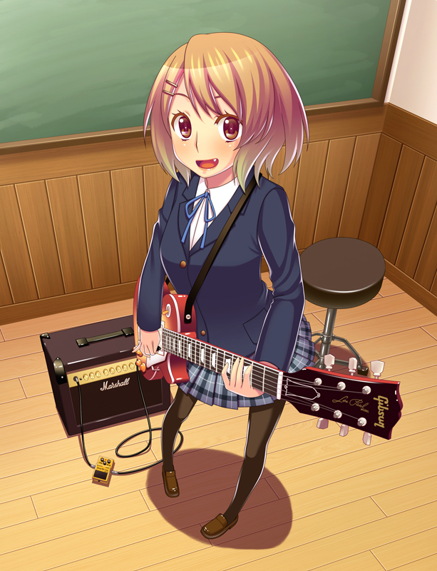 terumii, hirasawa yui, k-on!, 00s, 1girl, amplifier, blush, brown eyes, brown hair, cable, effects pedal, electric guitar, fang, female focus, from above, full body, gibson les paul, guitar, hair ornament, hairclip, indoors, instrument, pantyhose, plaid clothes, plaid skirt, school uniform, short hair, skirt, solo, wooden floor