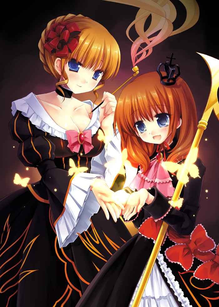 miyasu risa, beatrice (umineko), maria (umineko), umineko no naku koro ni, 00s, 2girls, blonde hair, blue eyes, bow, breasts, bug, butterfly, choker, crown, dress, frills, insect, kiseru, multiple girls, orange hair, pink bow, ribbon, short hair, smoking, smoking pipe, wand