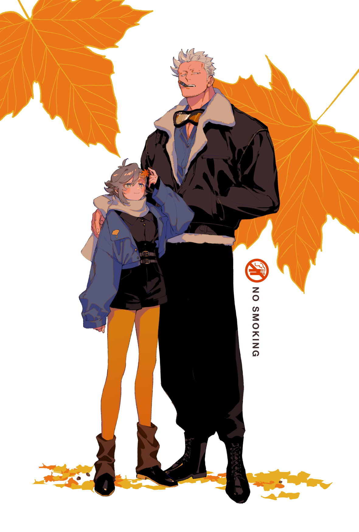 kabane (rjev8385), smoker (one piece), one piece, original, highres, 1boy, 1girl, antenna hair, arm at side, autumn leaves, belt, black boots, black jacket, black pants, black shirt, black shoes, black shorts, blue jacket, blue shirt, blush, boots, brown socks, cigar, closed mouth, collared shirt, facial hair, full body, fur-trimmed jacket, fur trim, goatee stubble, goggles, goggles around neck, grey belt, grey eyes, hand in pocket, hand on another's shoulder, holding, holding leaf, jacket, jitome, leaf, leaf background, long sleeves, loose socks, maple leaf, mouth hold, multiple belts, no smoking, oc x canon, open clothes, open jacket, pants, pantyhose, scarf, shirt, shoes, short hair, shorts, sleeves past wrists, smile, smoking, socks, standing, stubble, swept bangs, white background, white hair, white scarf, yellow pantyhose