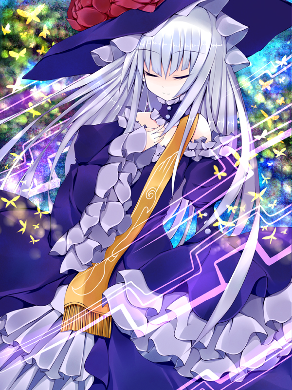 hoshikuzu, virgilia (umineko), umineko no naku koro ni, silver hair, 00s, closed eyes, frills, hat, hime cut, long hair, ribbon, solo