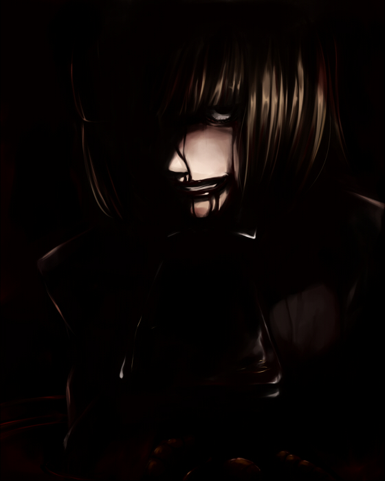 jailbird, ushiromiya rosa, umineko no naku koro ni, 00s, bags under eyes, blonde hair, blood, blunt bangs, dark, hime cut, smile, solo